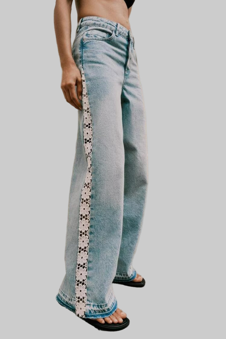 Crochet Stitching High Waist Wide Leg Jeans