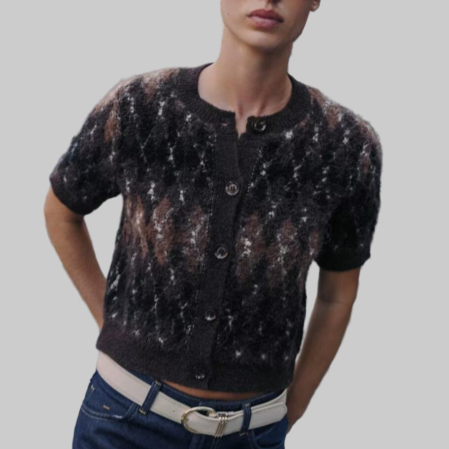 Diamond Pattern Short Sleeve Knitted Cardigan