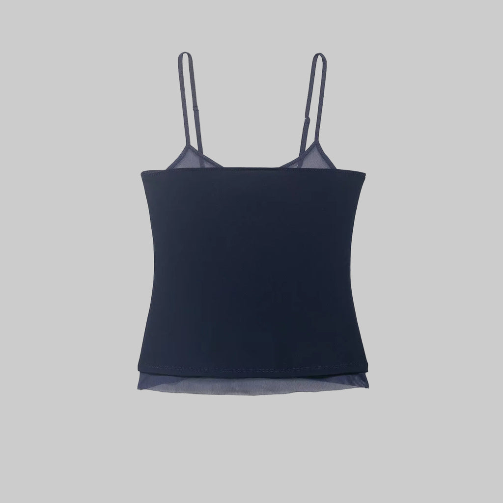 Navy blue camisole with thin straps on a white background