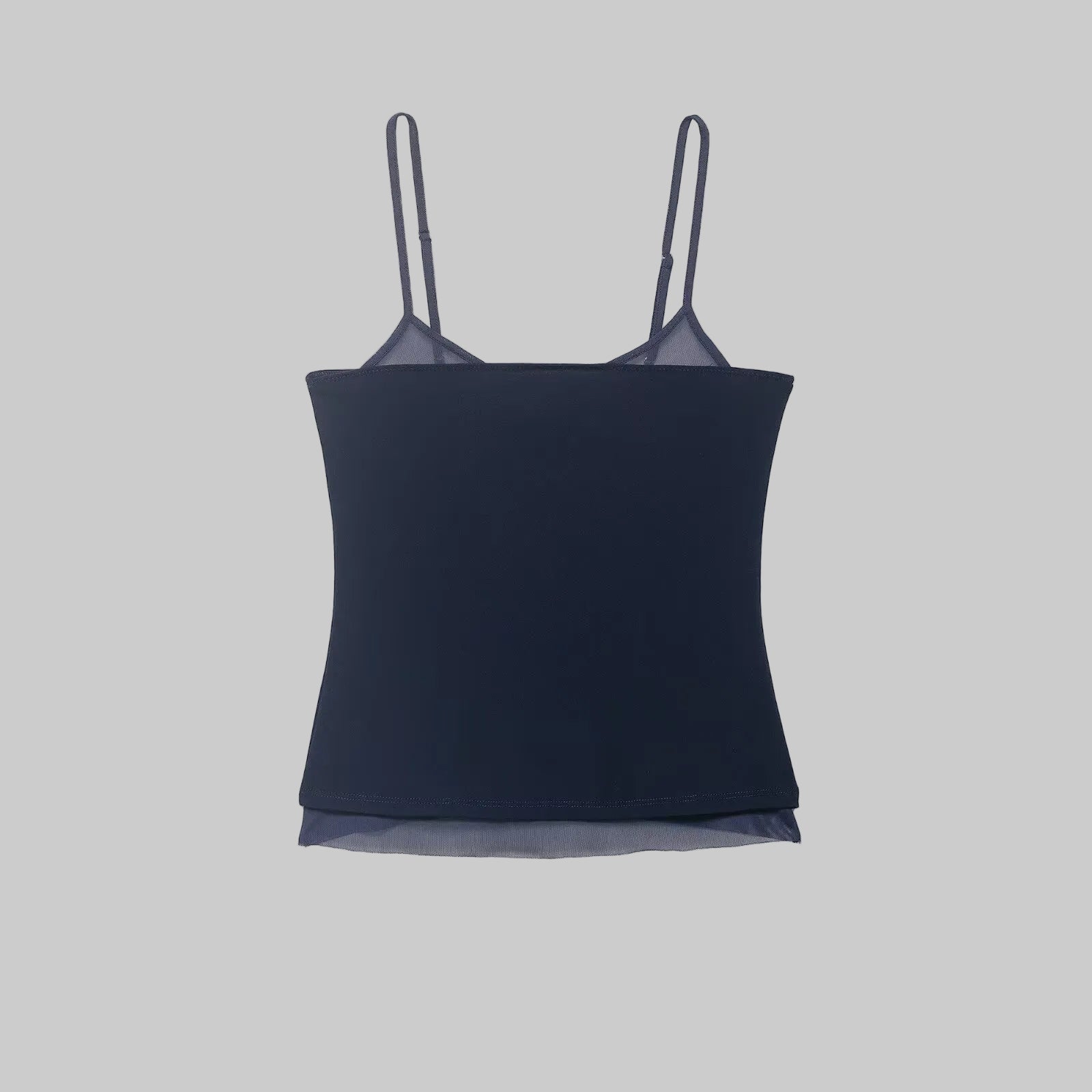 Navy blue camisole with thin straps on a white background