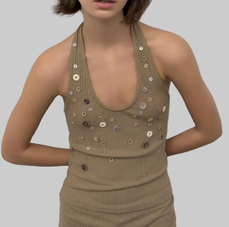 Sequince Button Rib Halter Top