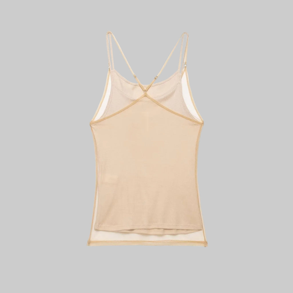 Beige tank top with thin straps on a white background