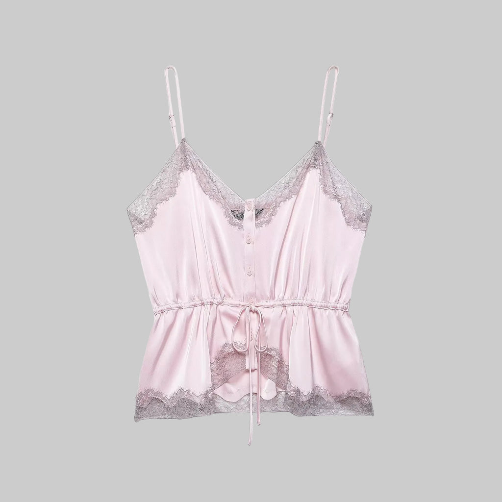 Pink satin camisole with lace trim on a white background