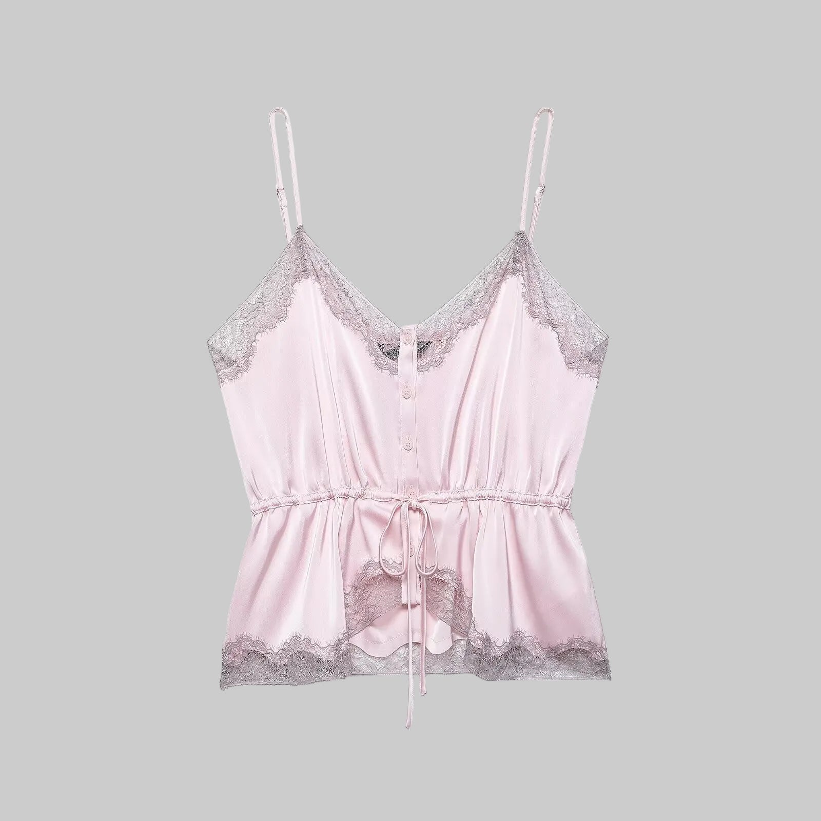 Pink satin camisole with lace trim on a white background