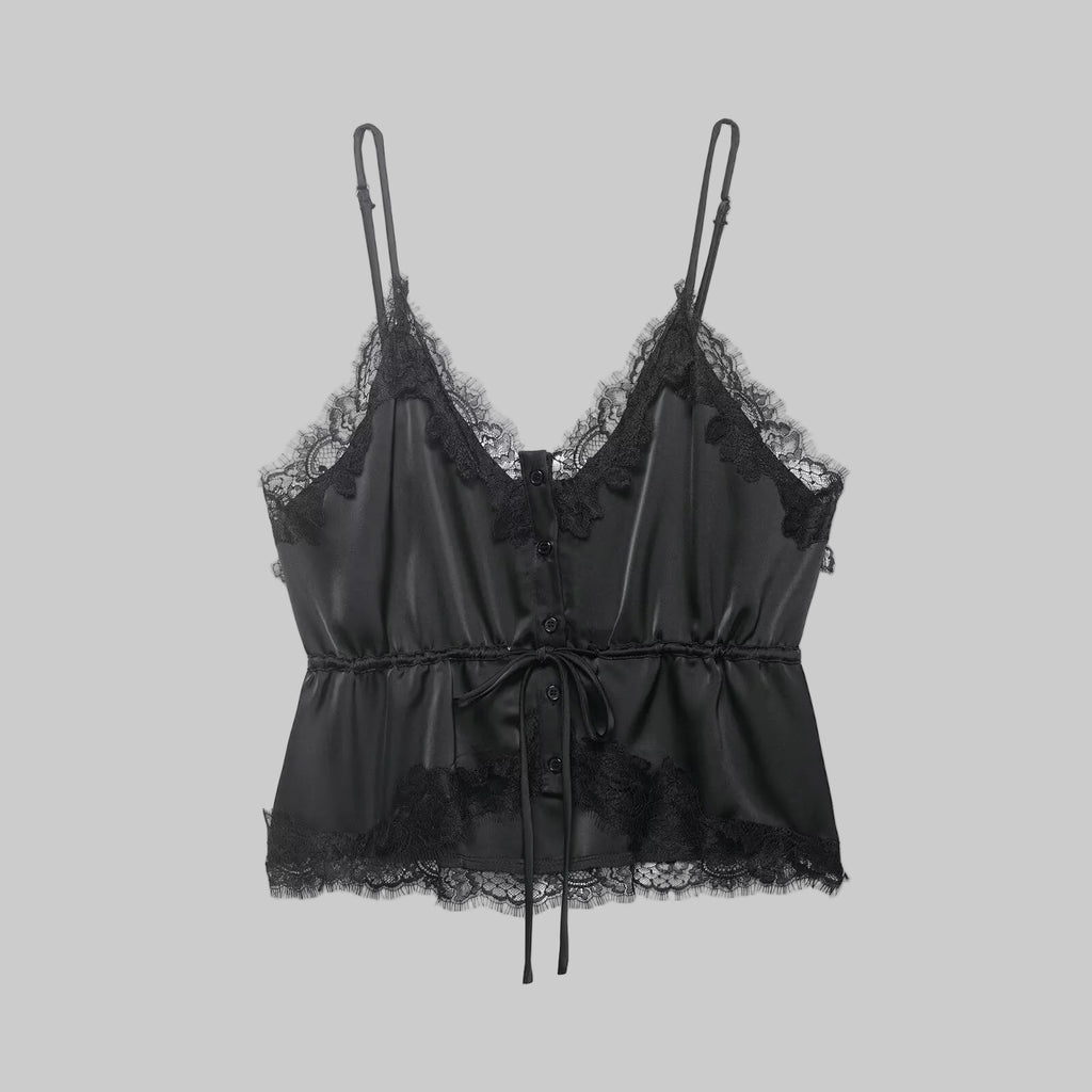 Black lace camisole on a white background