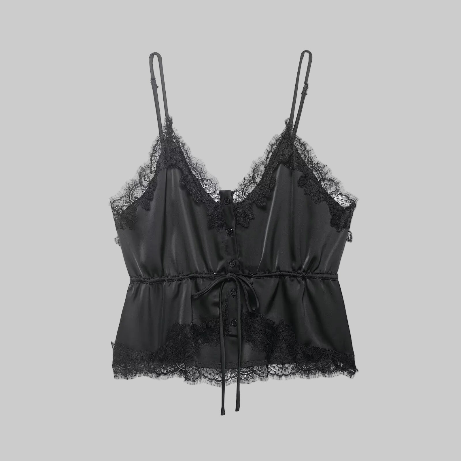 Black lace camisole on a white background