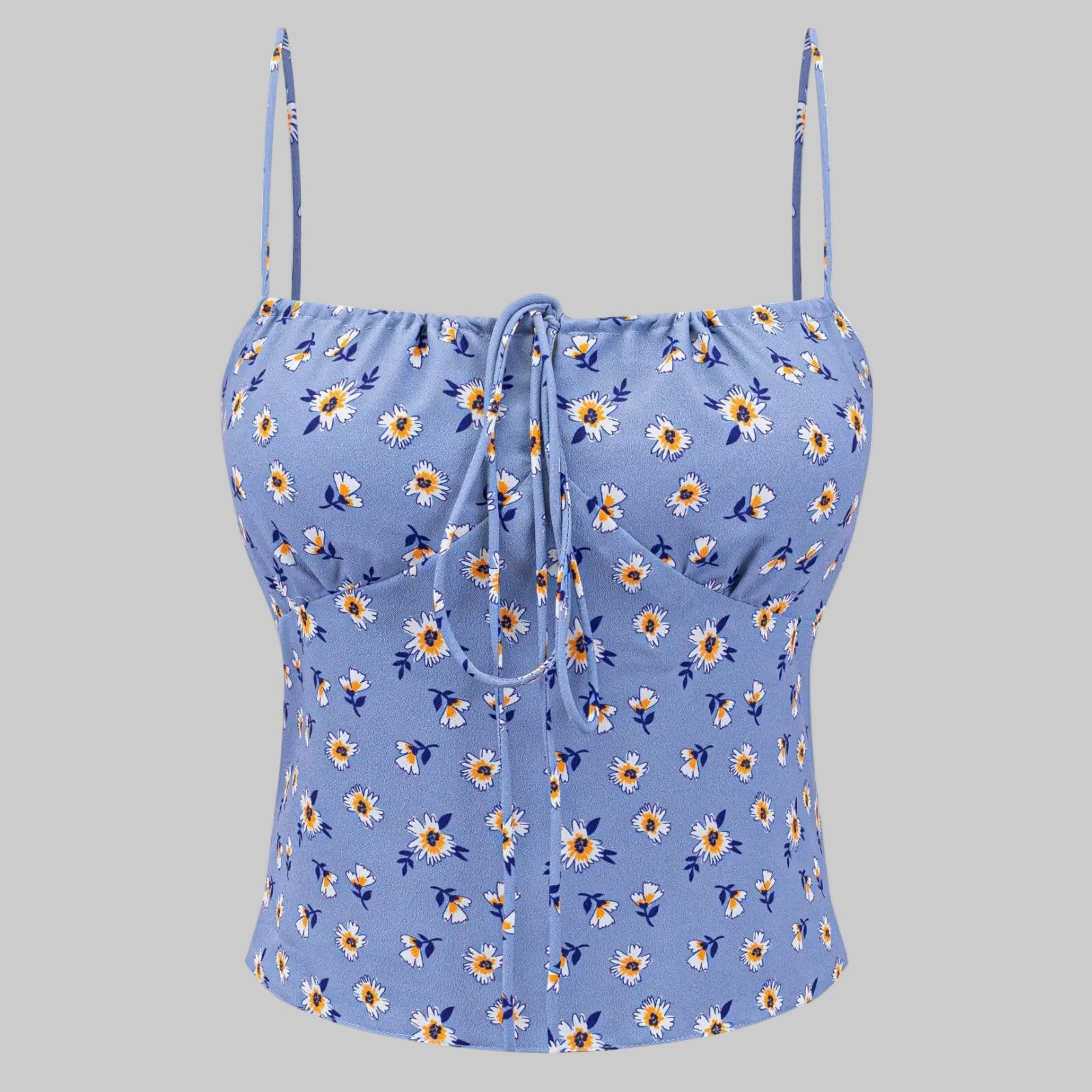 Blue floral strap top on a white background