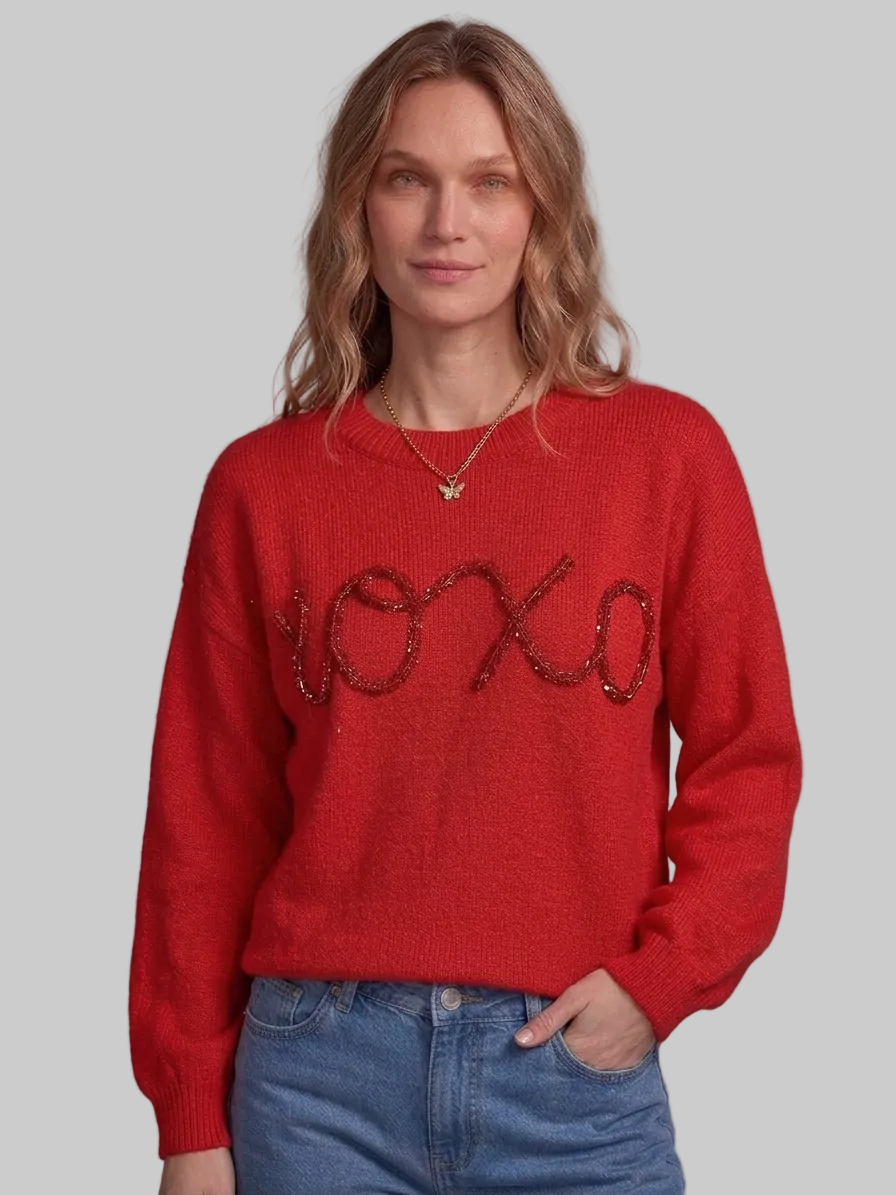 XOXO Letter Graphic Embroidery Pullover Long Sleeve Knitwear Loose Sweater