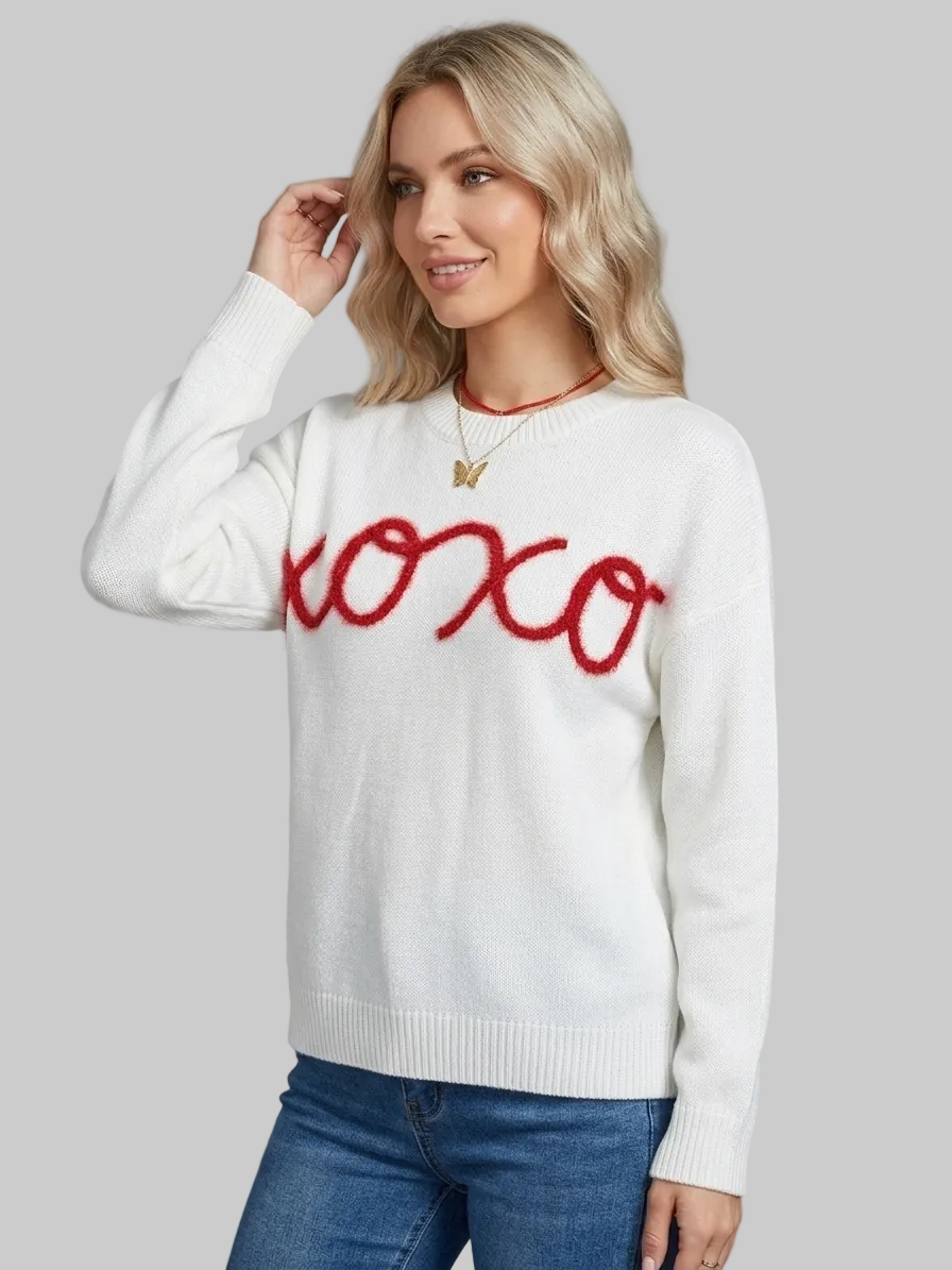 XOXO Letter Graphic Embroidery Pullover Long Sleeve Knitwear Loose Sweater
