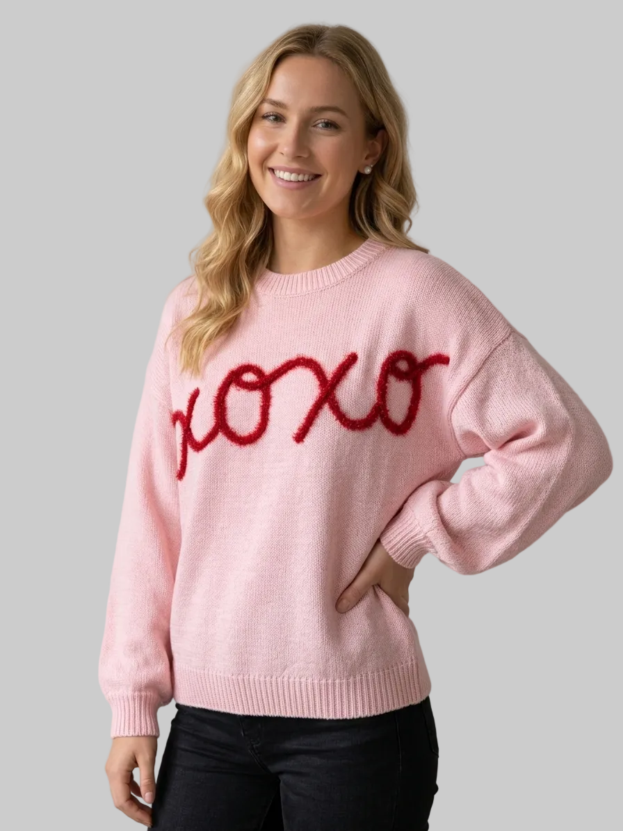 XOXO Letter Graphic Embroidery Pullover Long Sleeve Knitwear Loose Sweater
