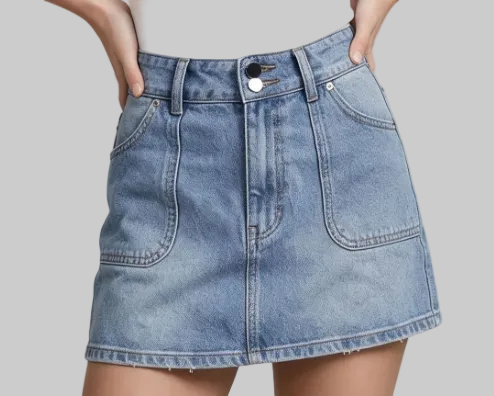 Double Button Light Blue Pocket Denim Skirt