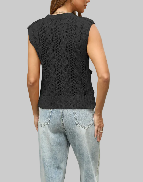 Round Neck Pocket Sleeveless Cardigan Knitted Vest Top