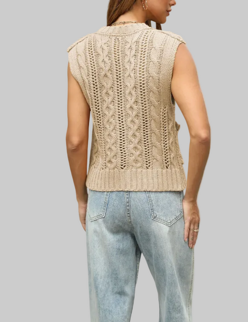 Round Neck Pocket Sleeveless Cardigan Knitted Vest Top