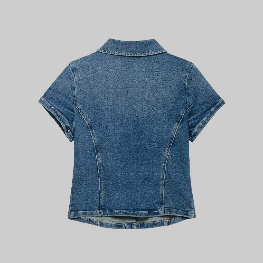 Denim Crop V-Neck Collar Buttoned Top