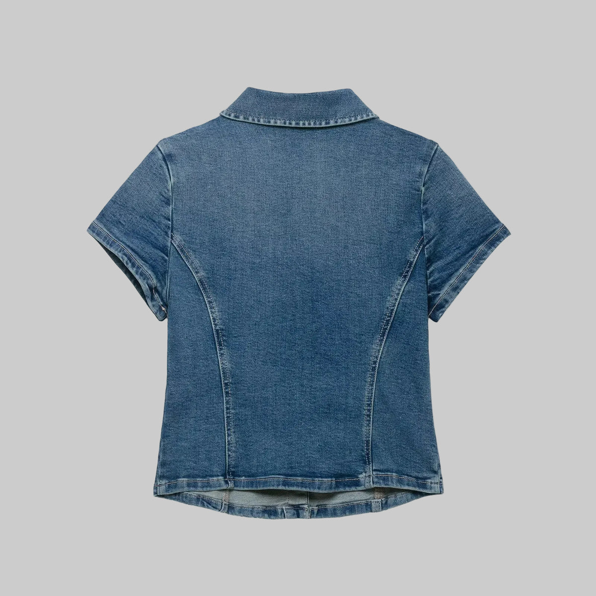 Denim Crop V-Neck Collar Buttoned Top