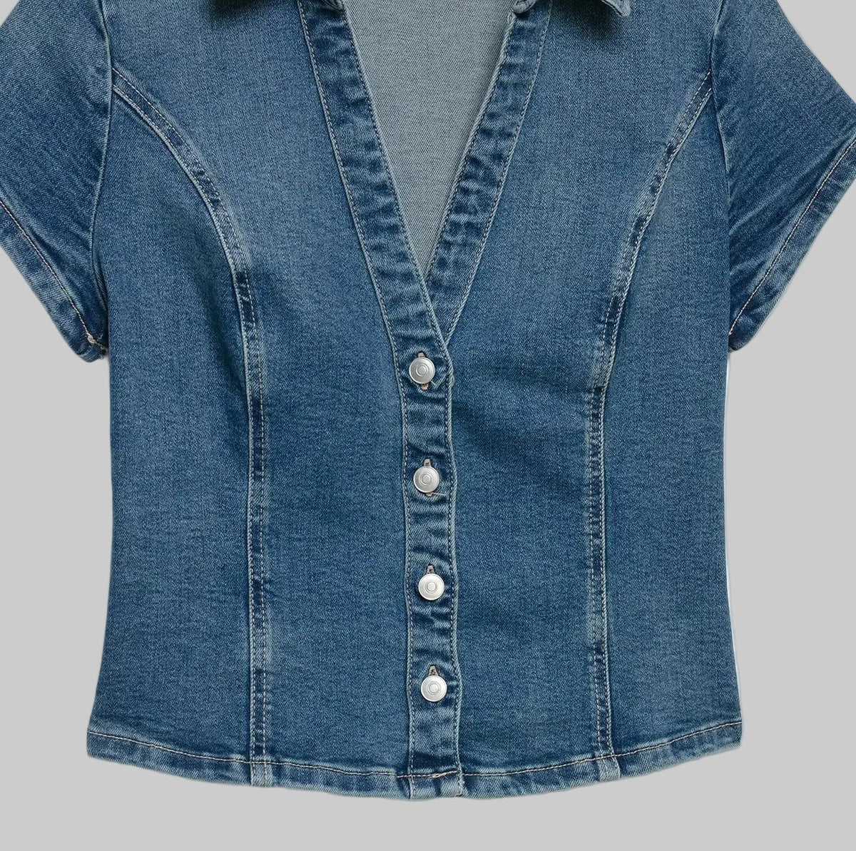 Denim Crop V-Neck Collar Buttoned Top