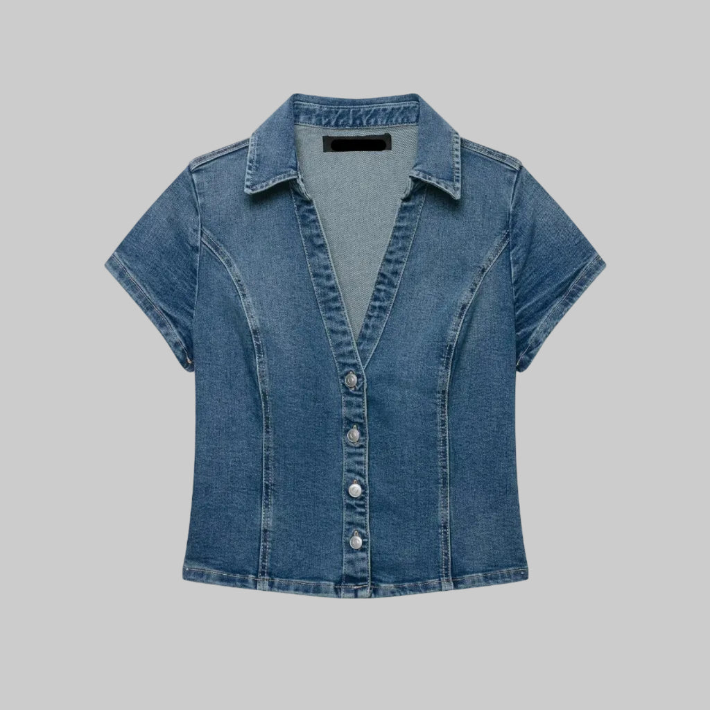 Denim Crop V-Neck Collar Buttoned Top
