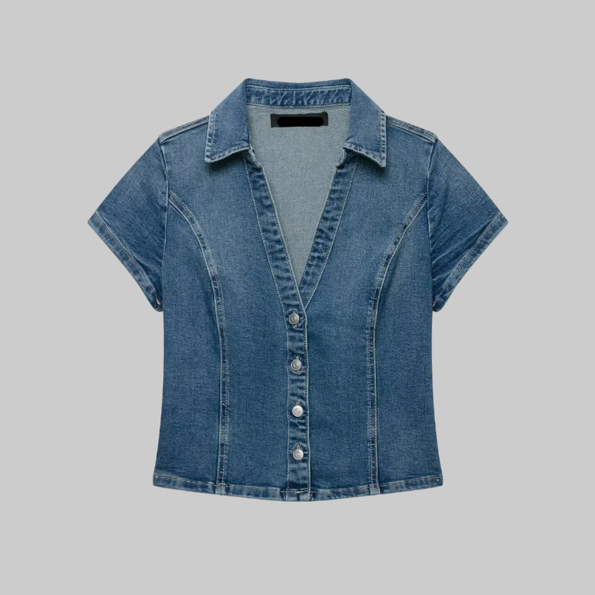Denim Crop V-Neck Collar Buttoned Top