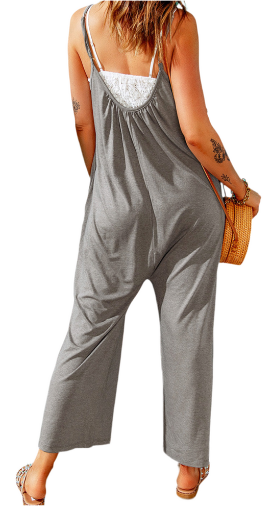Gray Spaghetti Straps Wide Leg Pocketed Jumpsuits