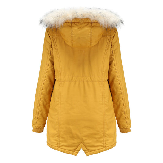 Cotton-Padded Fleece Mid-Length Detachable Hooded Fur Collar Overcoat