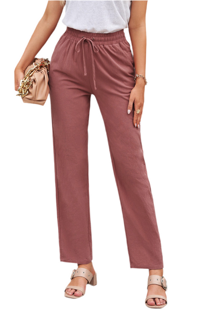Drawstring Elastic Waist Pockets Long Straight Legs Pants