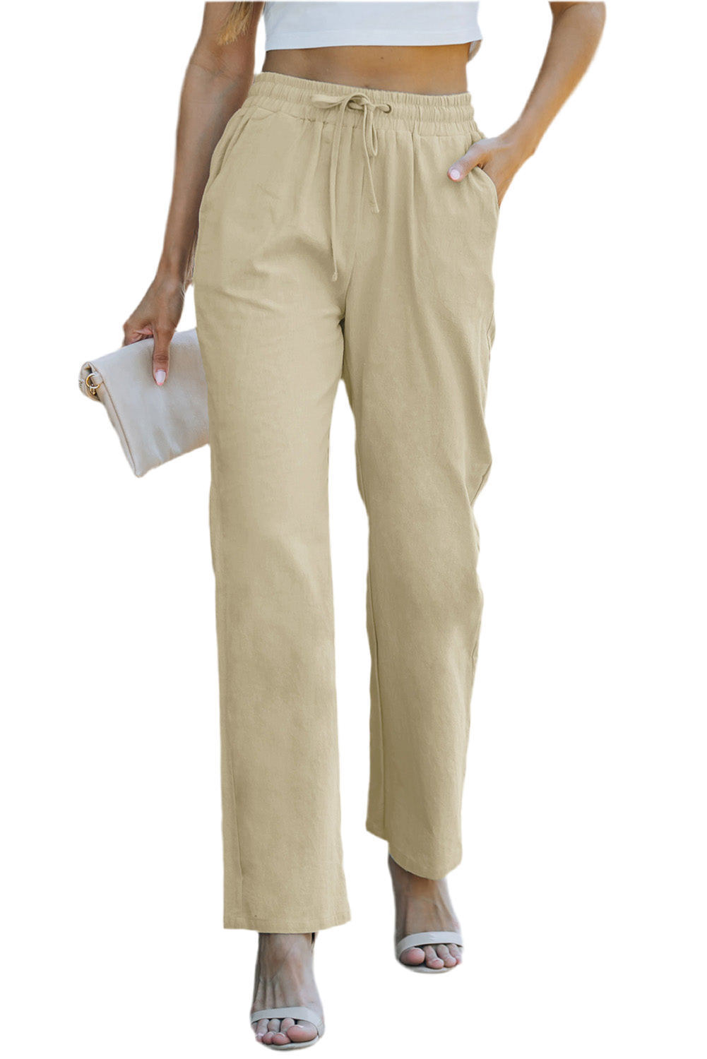 Drawstring Elastic Waist Pockets Long Straight Legs Pants