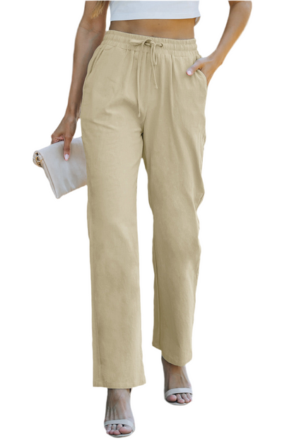 Drawstring Elastic Waist Pockets Long Straight Legs Pants