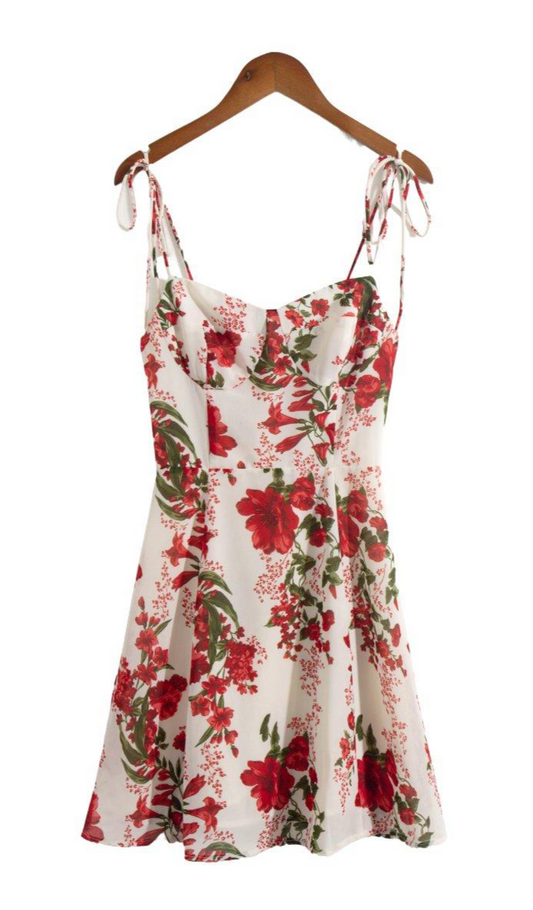 Red Floral Tied Spaghetti Strap Dress