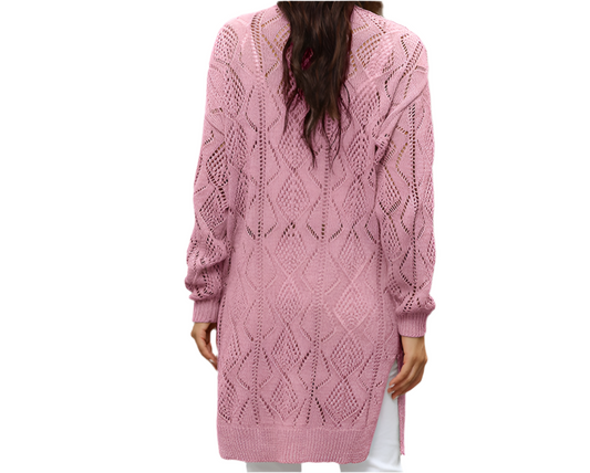 Long Sleeved Button Hollow Cutout Long Cardigan