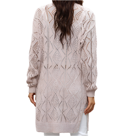 Long Sleeved Button Hollow Cutout Long Cardigan