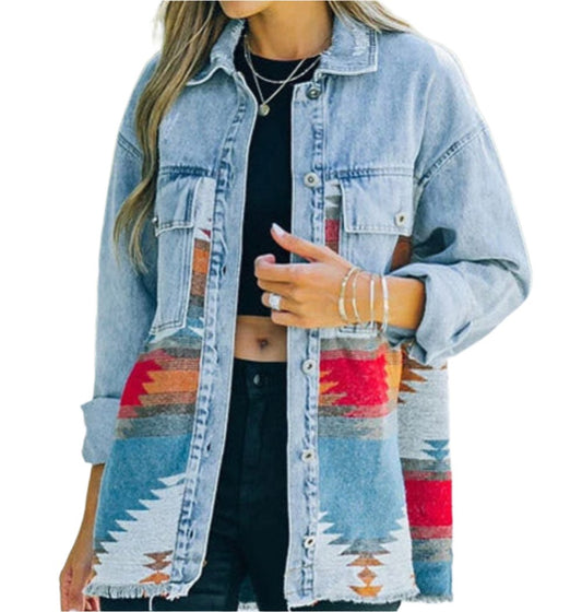 Aztec Collared Pocket Denim Patchwork Wool Coat Jacket