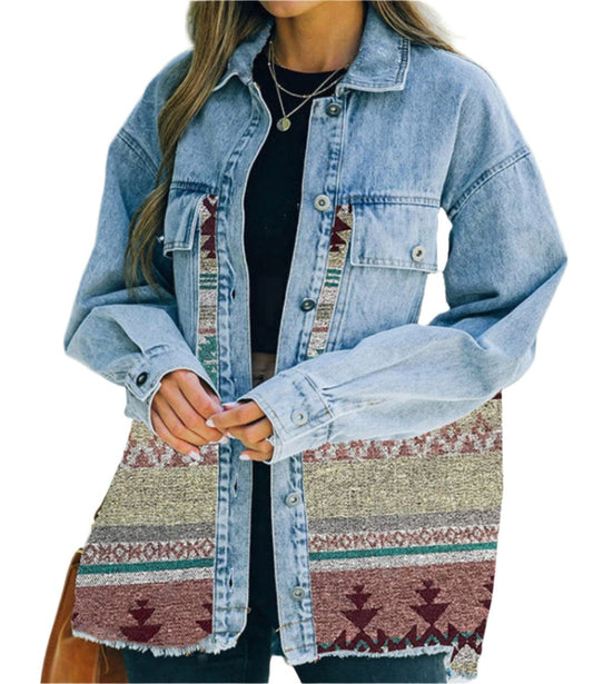 Aztec Collared Pocket Denim Patchwork Wool Coat Jacket