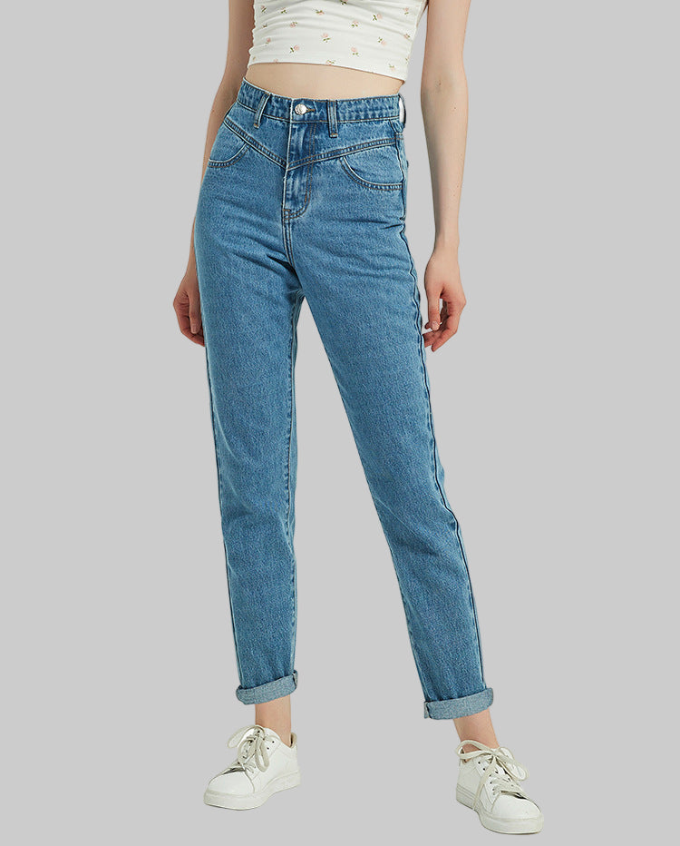 High Waist Slim Straight Washed Denim Jeans