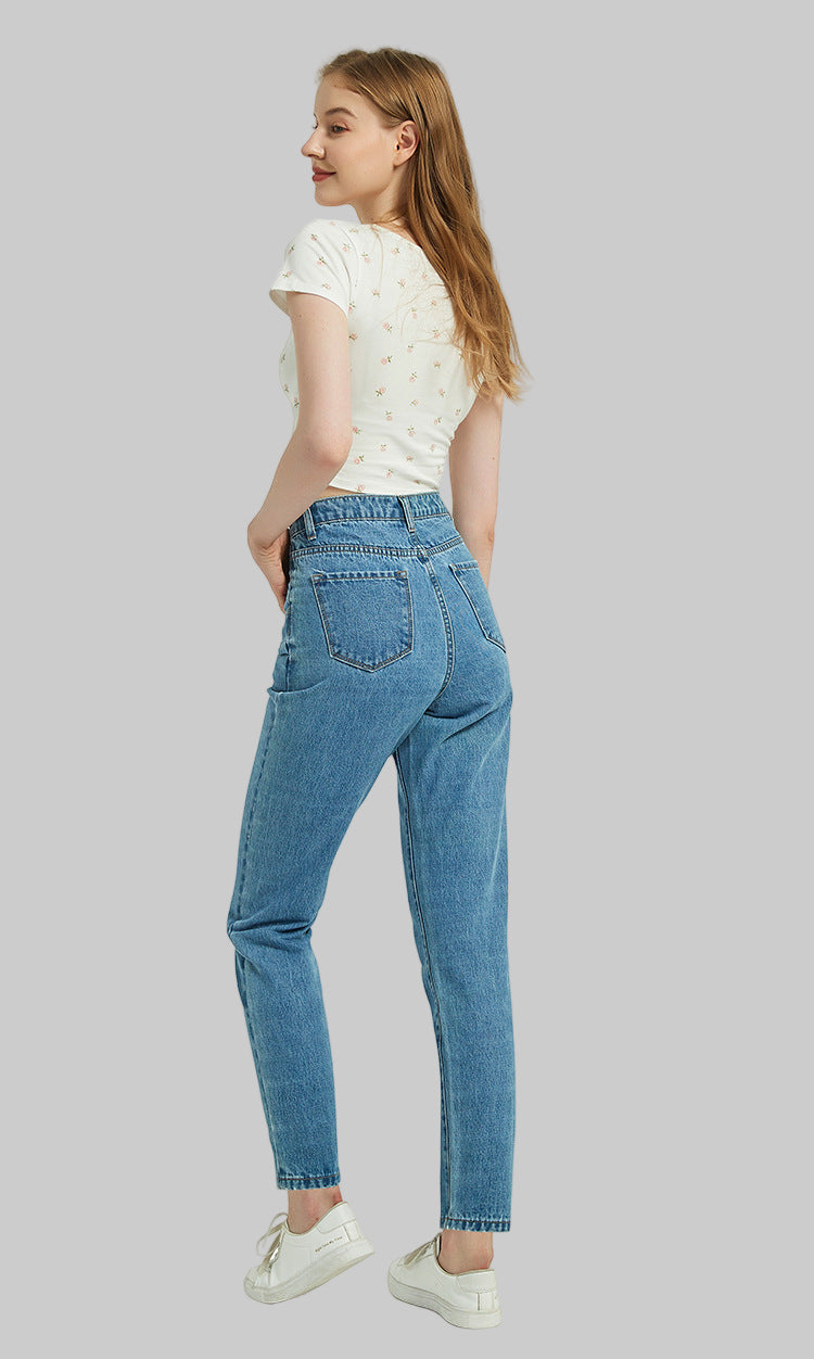 High Waist Slim Straight Washed Denim Jeans