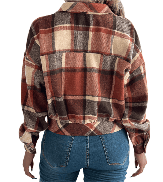Back view of a plaid faux pocket long sleeve woolen shacket in autumn colors, styled with high-waisted jeans.