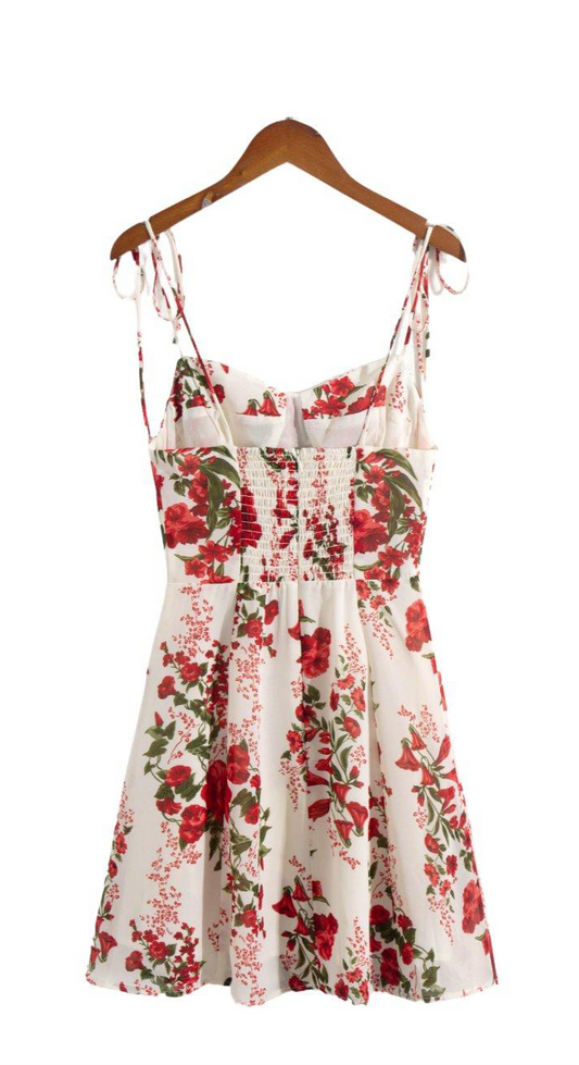 Red Floral Tied Spaghetti Strap Dress