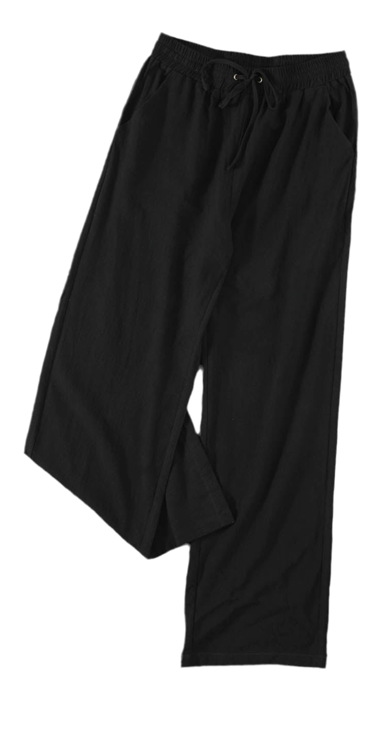 Drawstring Elastic Waist Pockets Long Straight Legs Pants
