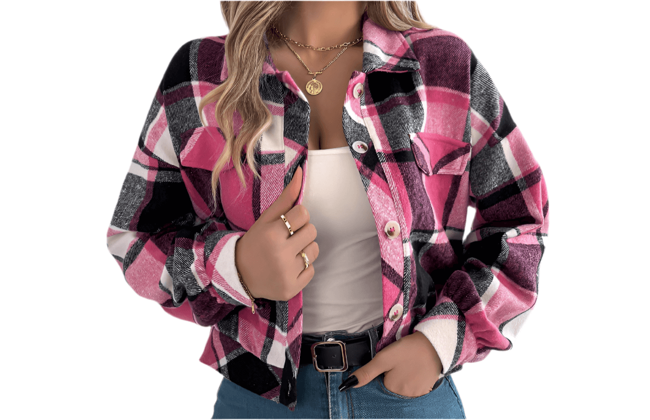 Casual pink plaid faux pocket long sleeve woolen shacket jacket for spring and fall, featuring a button closure and loose fit.