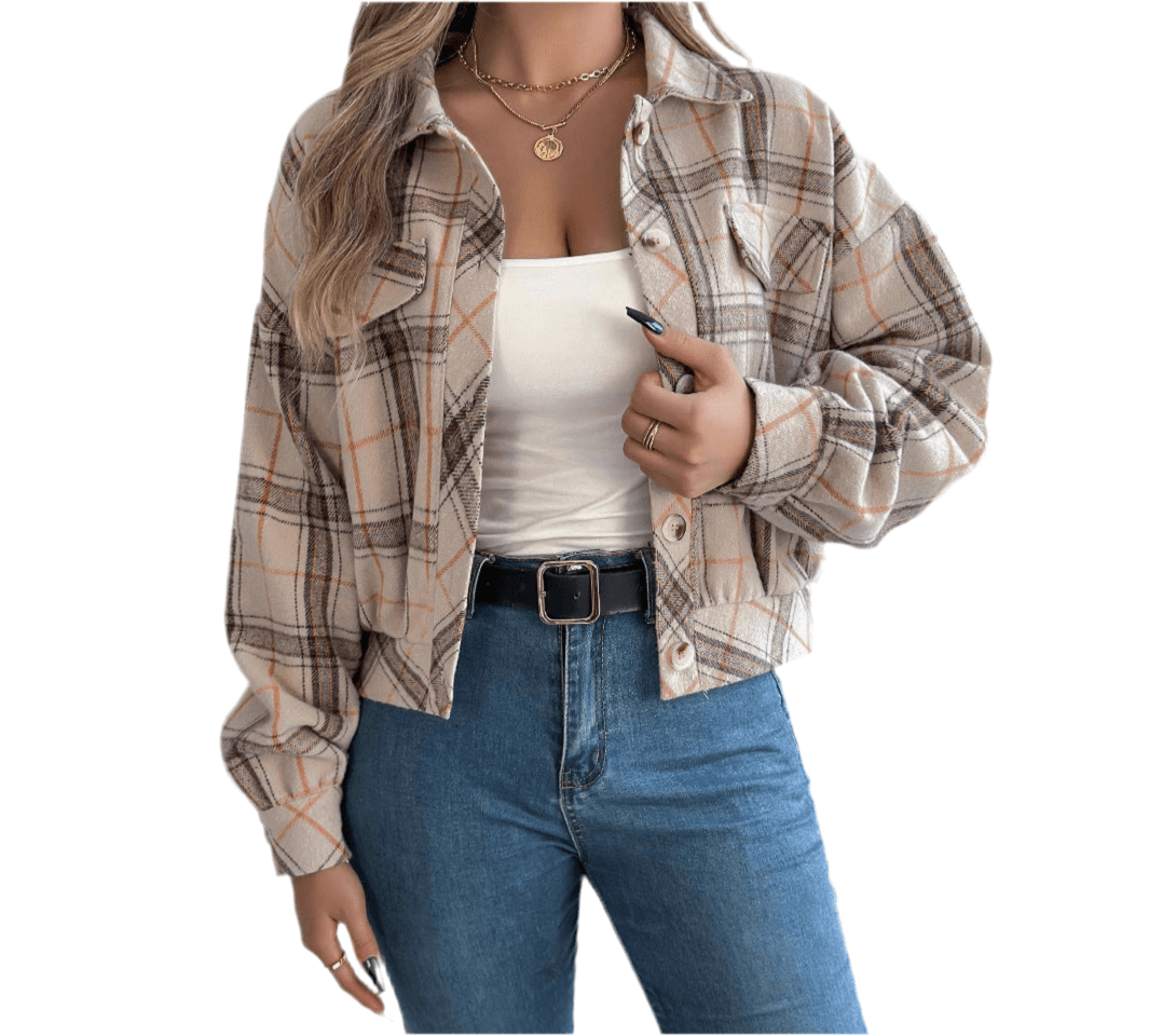 Casual plaid faux pocket long sleeve woolen jacket coat worn with a white top and blue jeans. Perfect for spring and fall styling.