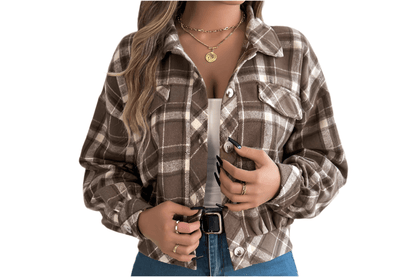 Casual plaid faux pocket woolen shacket coat featuring a loose fit, short length, and single-breasted closure, perfect for spring/fall.