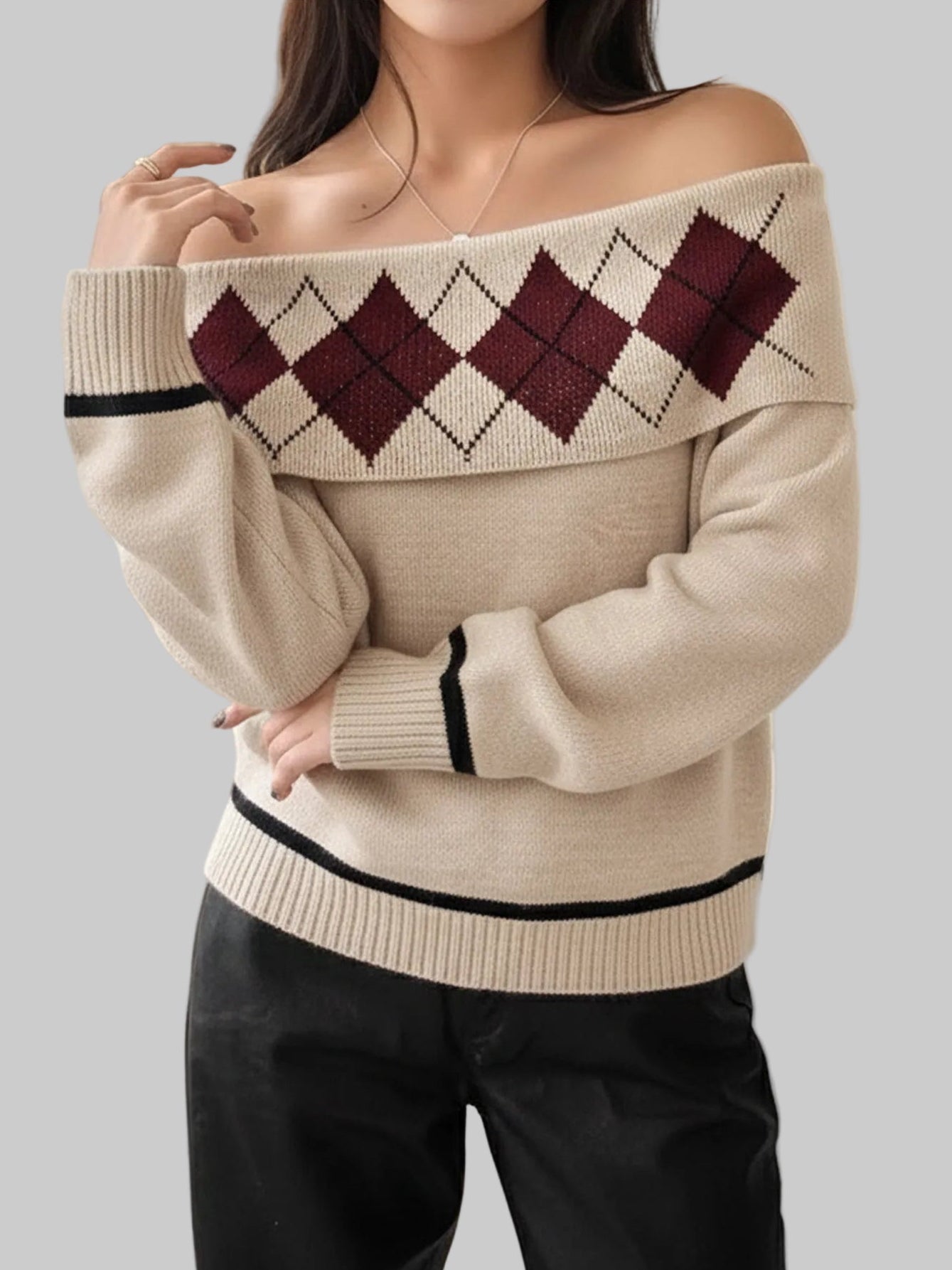 Rhombus Plaid Jacquard Off Shoulder Loose Sweater