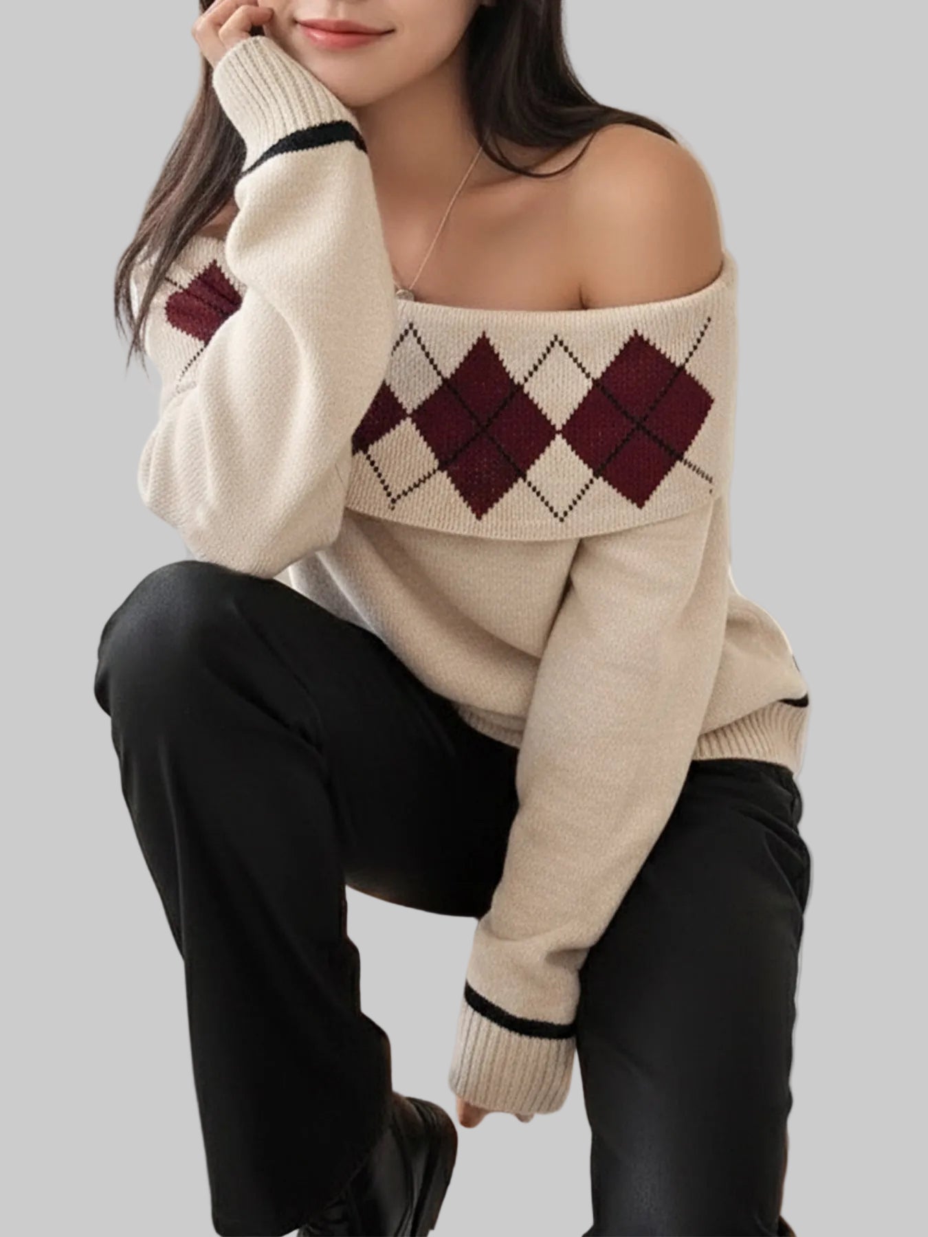 Rhombus Plaid Jacquard Off Shoulder Loose Sweater