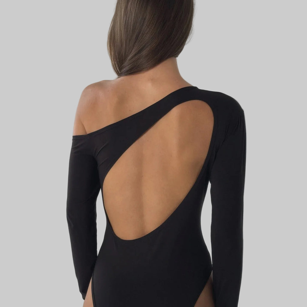 Sloping Shoulder Backless Hollow Cutout Long Sleeved Bodysuit