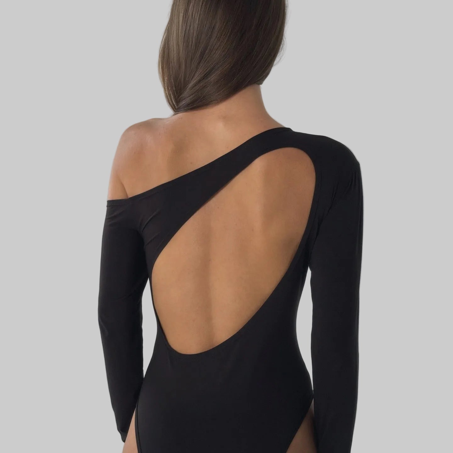 Sloping Shoulder Backless Hollow Cutout Long Sleeved Bodysuit