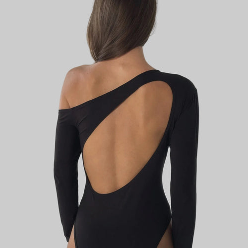 Sloping Shoulder Backless Hollow Cutout Long Sleeved Bodysuit