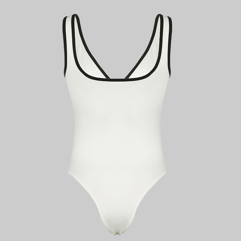 Sexy Backless V-Neck Edge Contrast Bodysuit