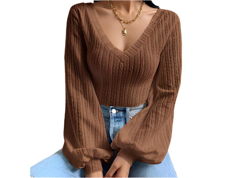 V-neck Puff Sleeve Knitted Long Sleeved Top
