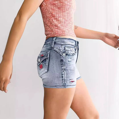 Embroidered Washed Denim Shorts