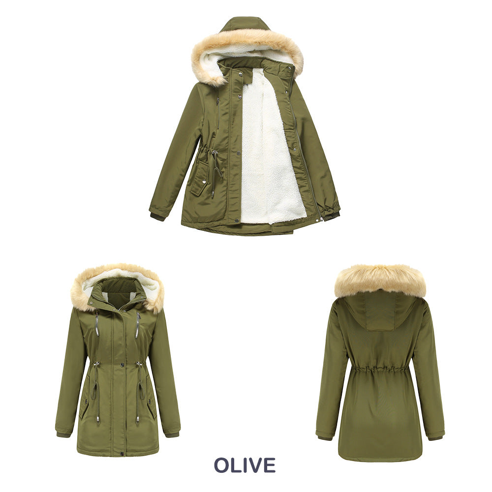 Thick Lambskin Cotton Detachable Fur Hoodie Fleece Padded Coat