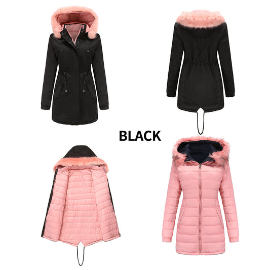 Cotton Padded Double Sided Wear Detachable Fur Collar Hoodie Quilted Parka